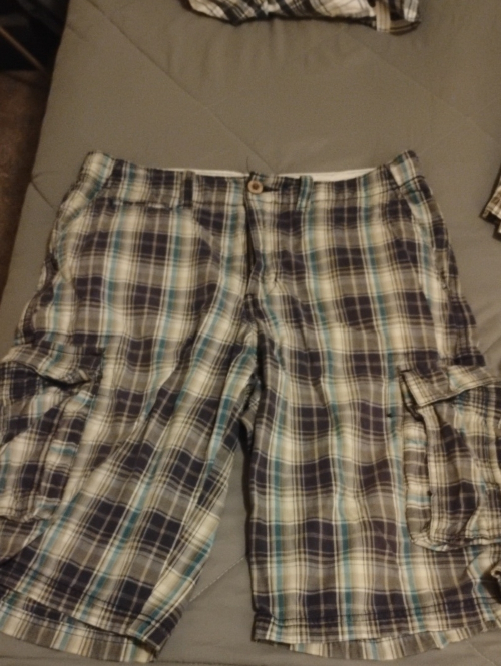 Route 66 Plaid Cargo Shorts - Blue, Gray, Cream